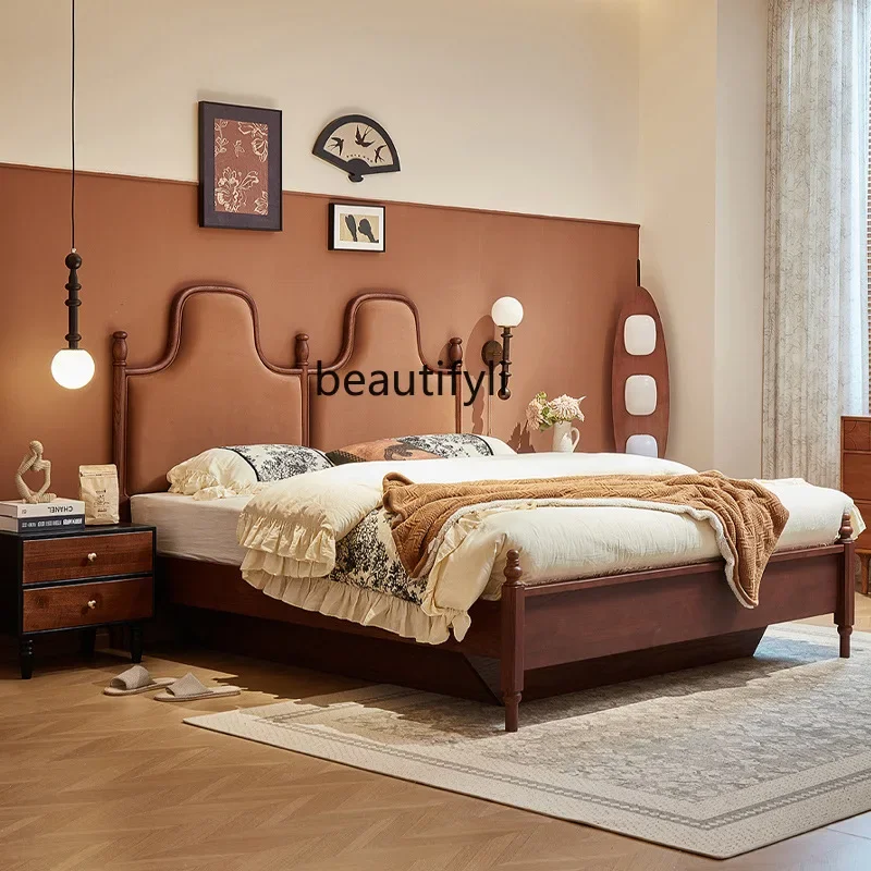 X Retro red oak solid wood bed master bedroom, double, medieval high box storage bed