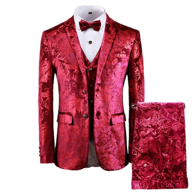 Men\'s Gold Printed 3 Piece, Tuxedo Suit Men Brand Slim Fit Wedding Groom Velvet Terno Masculinos Party Prom Stage Costume Homme