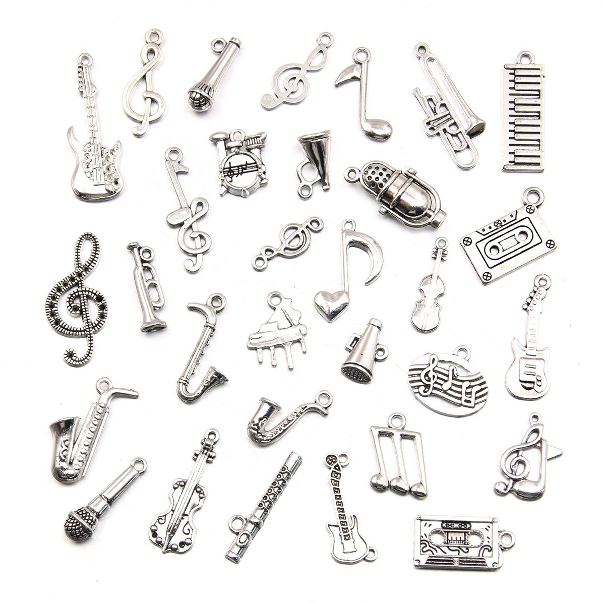 20PCS 26 Styles Mixed Alloy Note Saxophone Guitar Piano Microphon Charms For Jewelry Making DIY Handmade Music Equipment Pendant