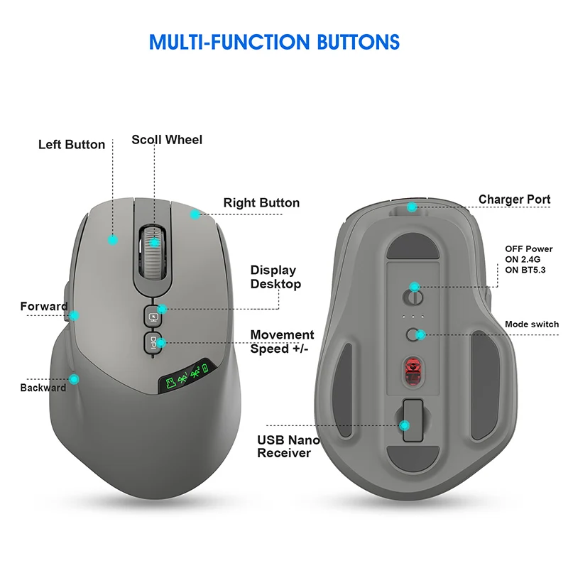 Ratón inalámbrico silencioso de modo dual Bluetooth 5,0 y 2,4G, recargable, pantalla de visualización, batería grande para ordenador portátil, PC, Mac
