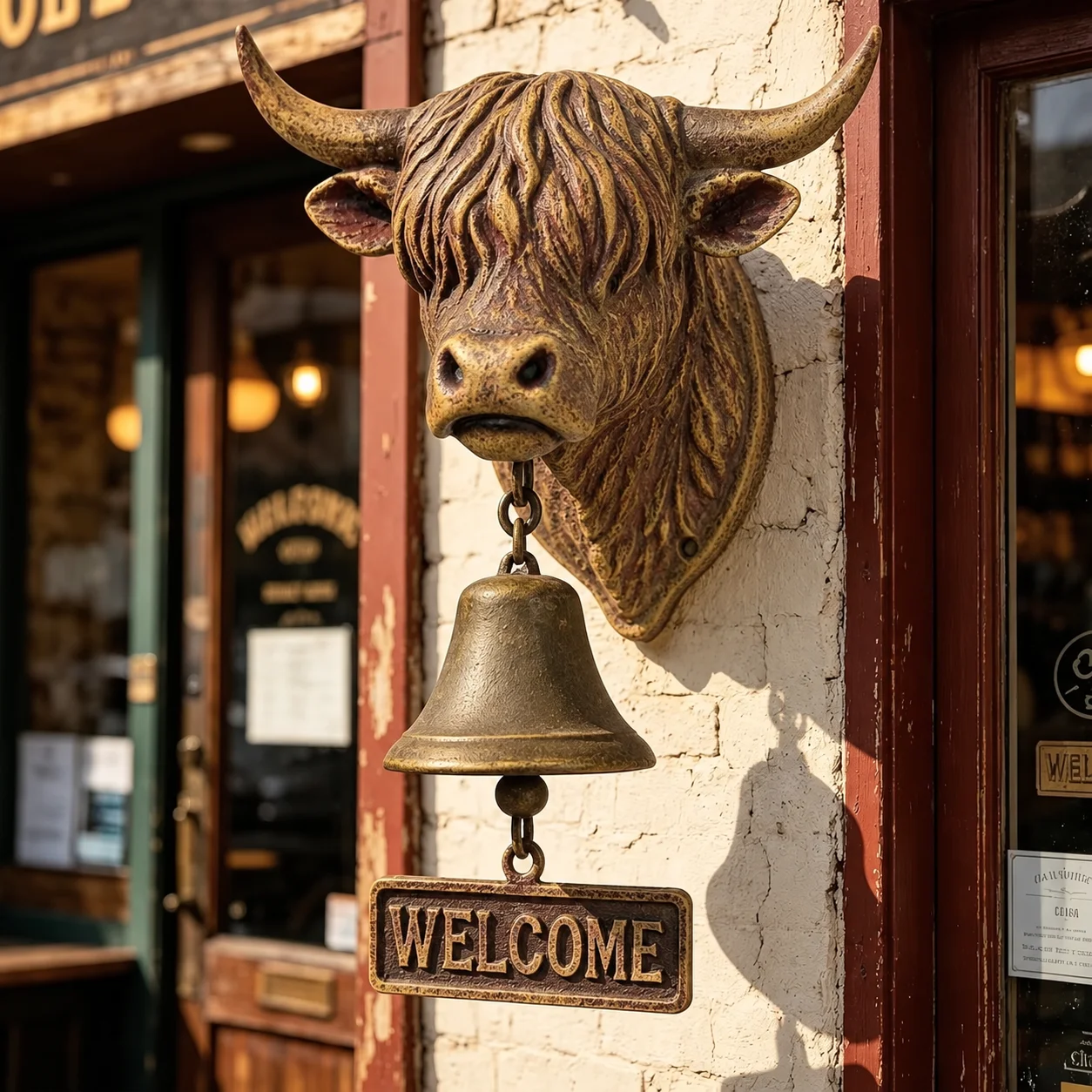 Rustic Highland Cow Hanging Bell, Scottish-Themed Resin Welcome Doorbell with Clear Chime, Outdoor Decor for Porch, Garden, Farm