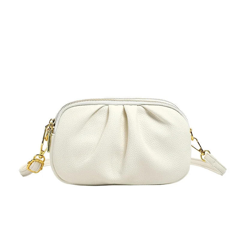 

Soft ruched oval crossbody bag with dual zipper compartments & polished gold hardware, sleek silhouette for casual occasions