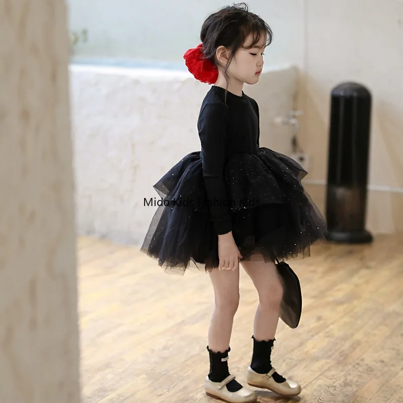 Girls' Sparkling Sequined Tulle Skirt Little Black Dress  Autumn New Arrival Girls' Puffy Birthday Princess Dress 90-140cm