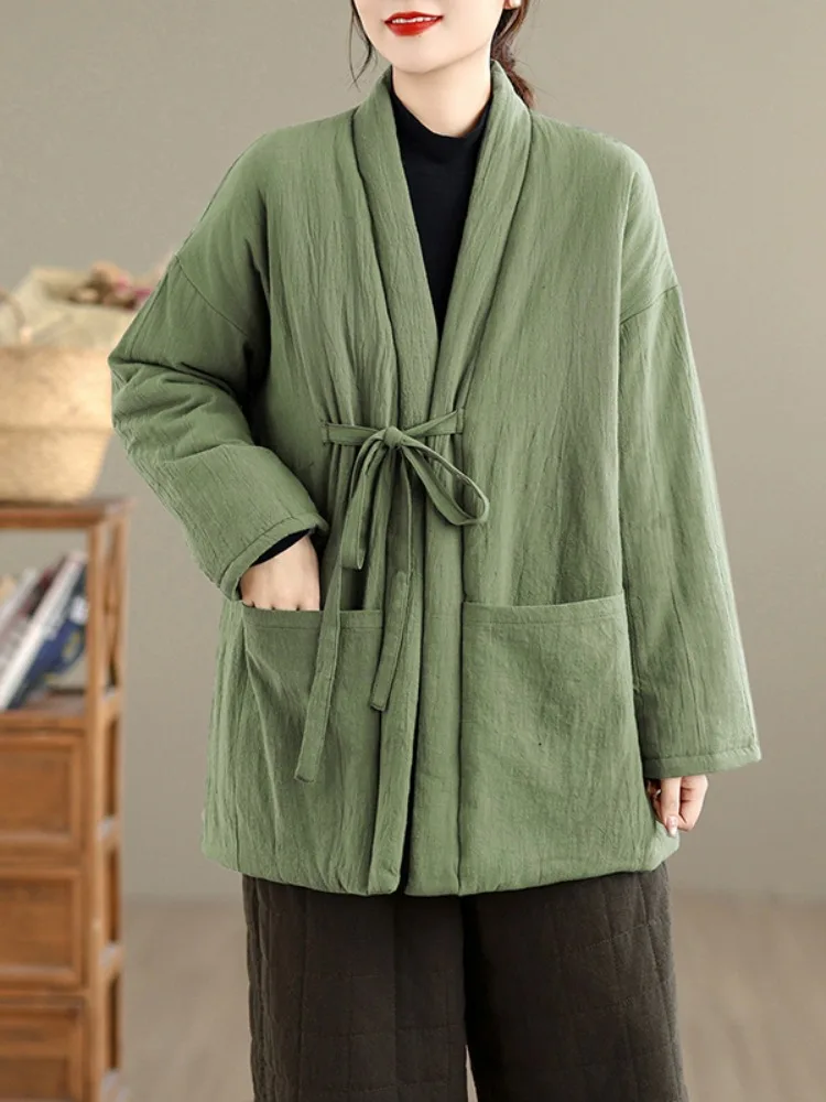 

Ретро китайский Sle Thiened хлопково-льняной тюре женская зимняя теплая верхняя одежда с поясом хлопковое буддийское пальто Sle Zen