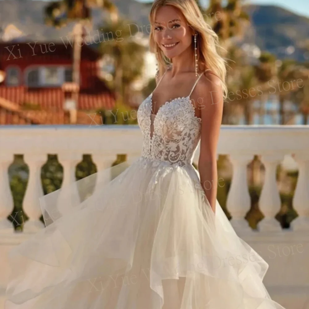 Vestido de novia de tul con tirantes finos, traje sencillo escalonado con Espalda descubierta, Apliques de encaje, joyería de princesa, 2024