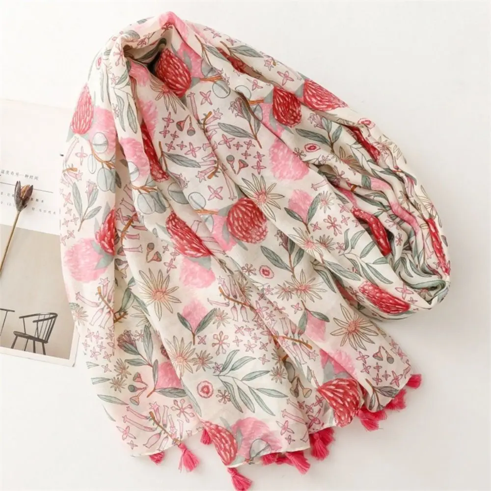 Warm Floral Print Shawl Scarf Tassel Fringe Lightweight Neckerchief Elegant Hijab Scarf for Women