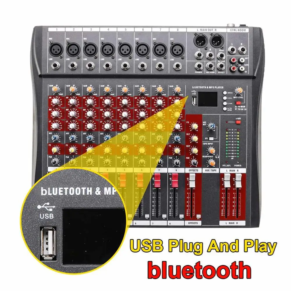 전문가용 8채널 오디오 DJ 믹서, 사운드 믹서, 오디오 노래방, 팬텀 파워 48V, USB 잭, 특가 상품 13 B