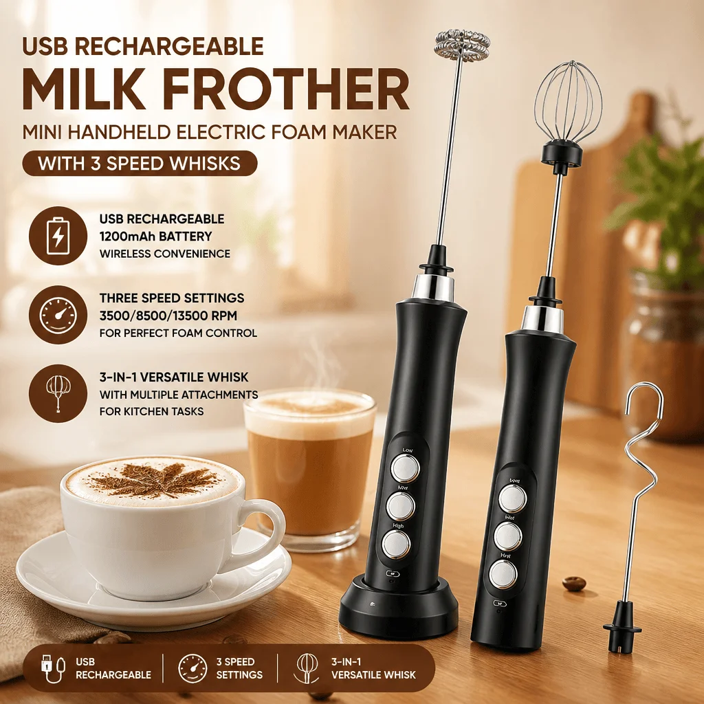 Milk Frother Electric Whisk Handheld USB Rechargeable 3 Speed 3-in-1 Coffee Frother Stainless Steel Mini Portable Milk Mixer Automatic Foam Maker Creamer Egg Beater Drink Mixer for Cappuccino Latte Hot Chocolate Matcha Home Kitchen Gadget Tools