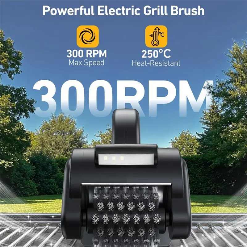 TFORU-For Cast Iron& Stainless Steel Grills Compatible Electric Grill Brush With LED Light 300 RPM Motor Splash Guard For Outdoo