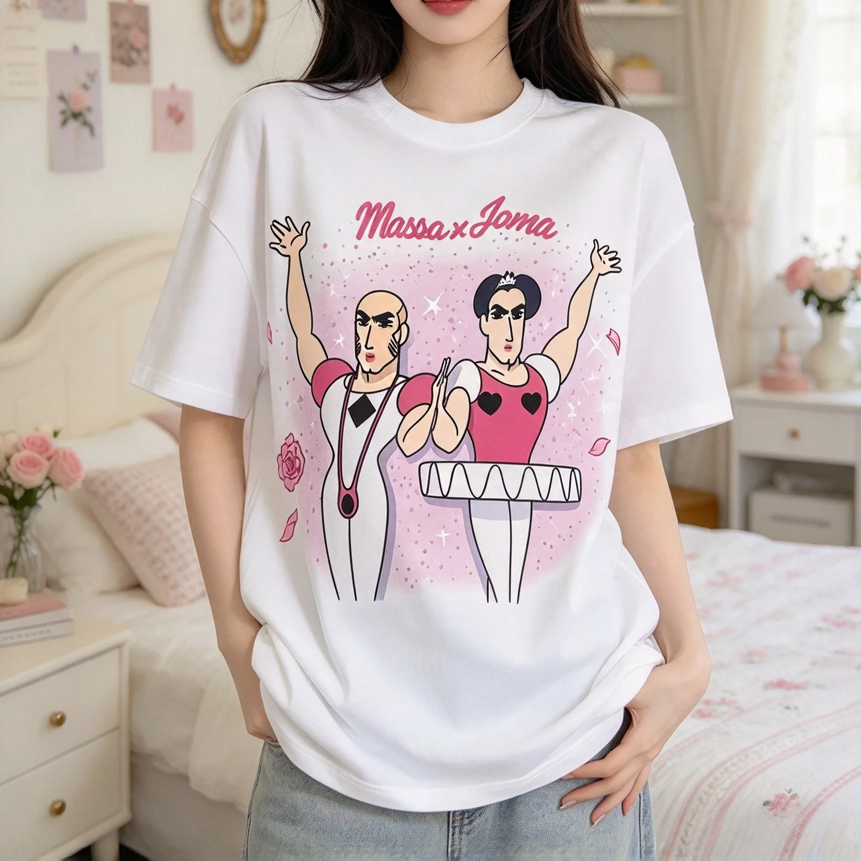 New Couple-style Trendy Printed Loose Cotton Short-sleeved Men's and Women's Comfortable and Loose Round-neck Top