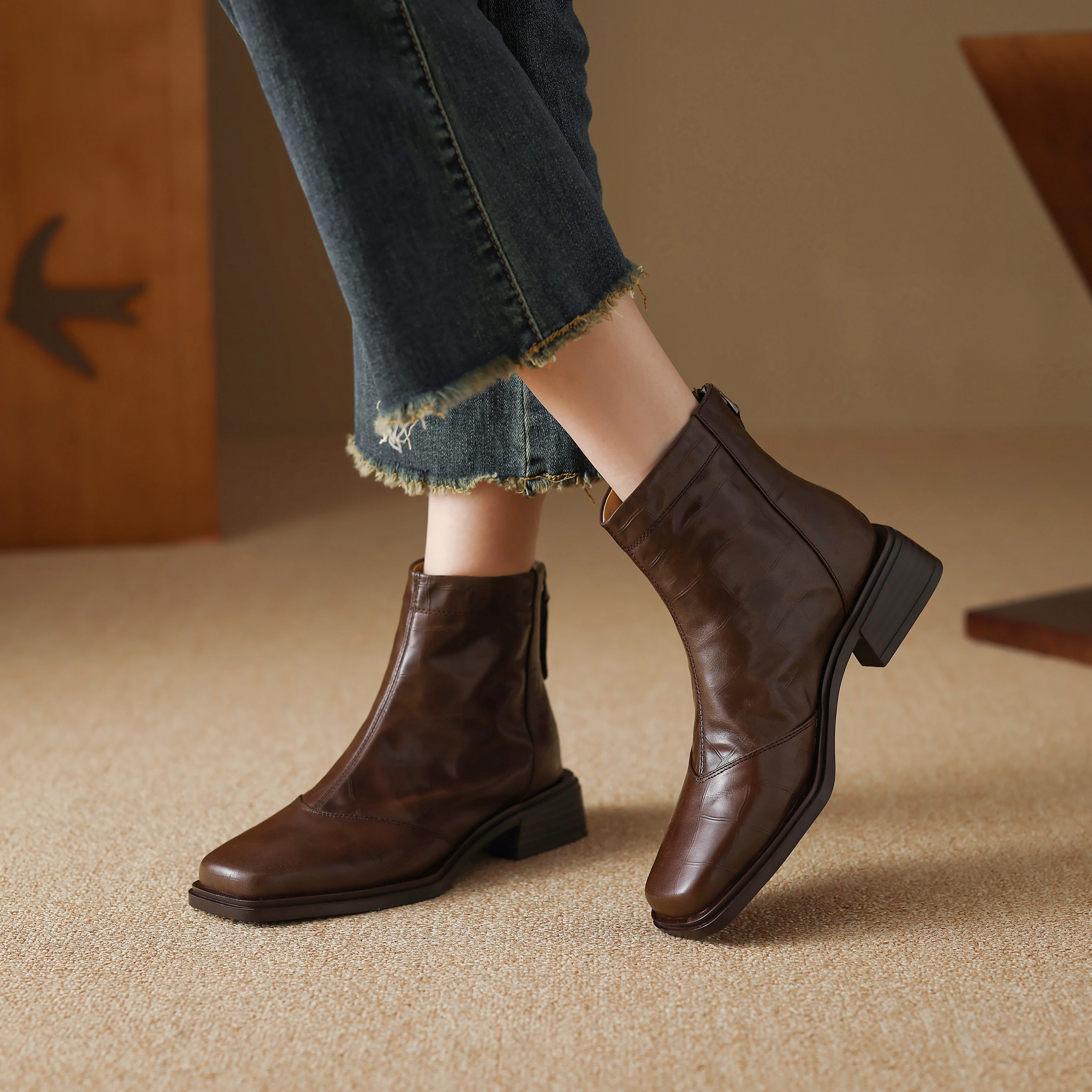 

Genuine Leather Square Toe Zipper Womens Boots Sexy Ankle boots,Modern boots,knight boots,Fashion Booties Elegant High Heels