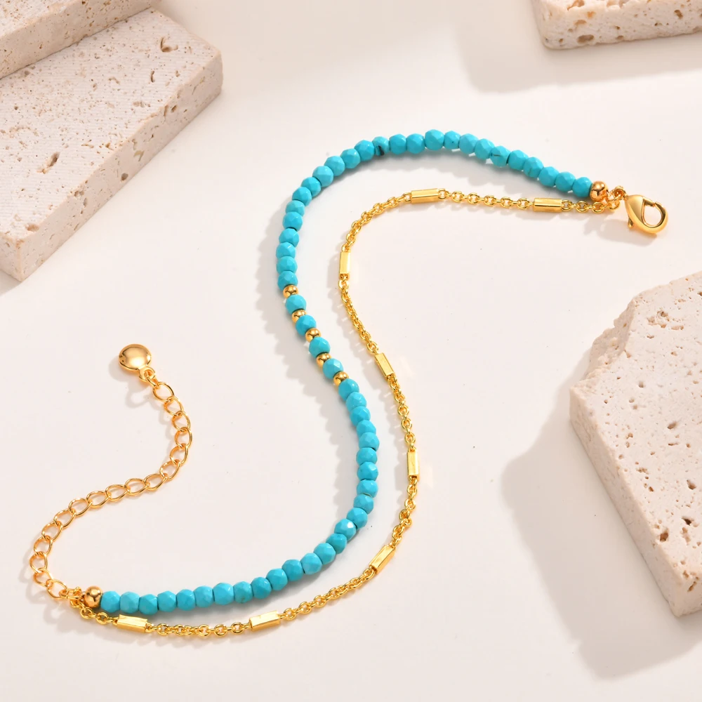 Turquoise Bracelet for Women, Double Chain Round Beaded Bracelet, Tarnish Free Gold Plated Jewelry Gift