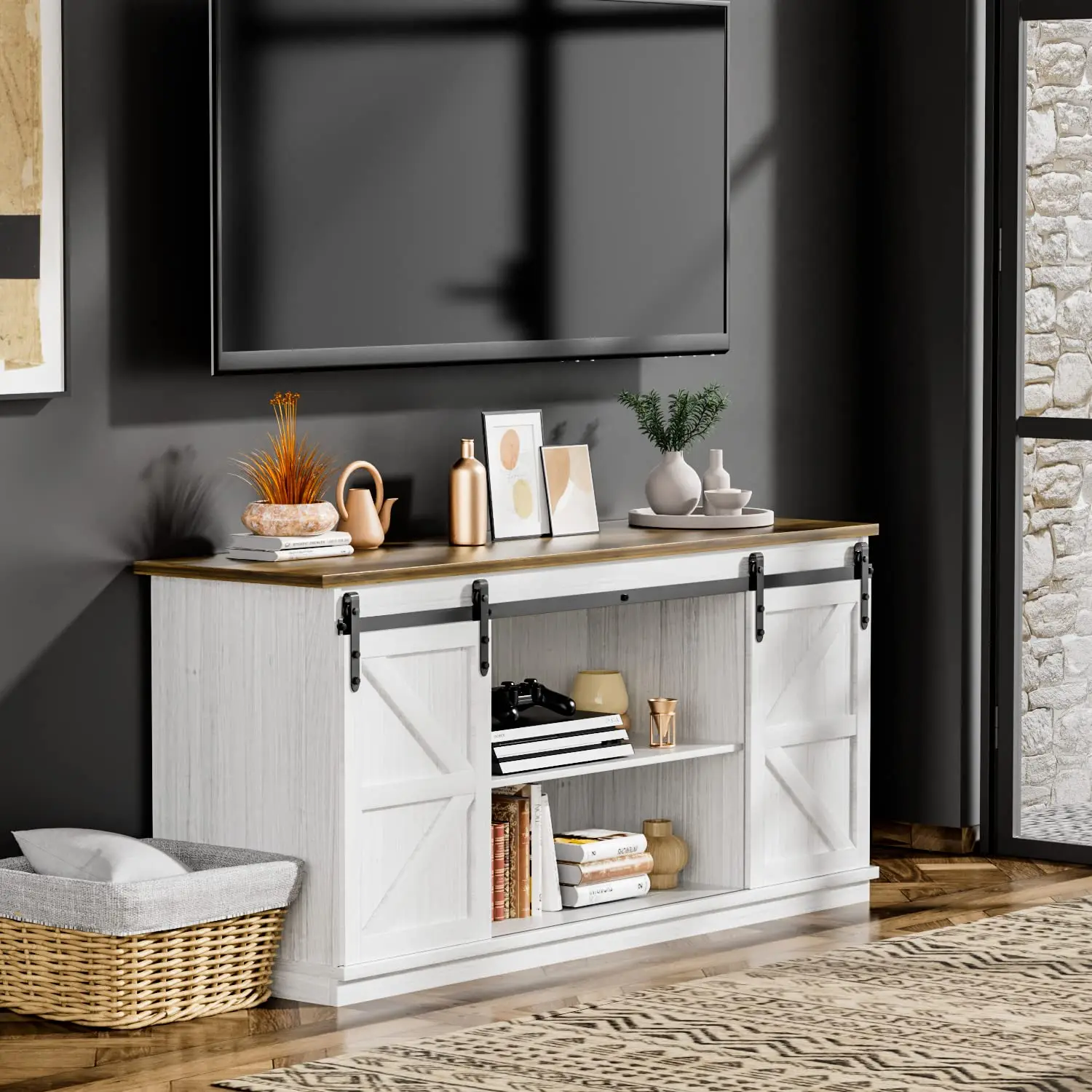 Farmhouse TV Stand 65 Inch Modern Entertainment Center Sliding Barn Door Storage Cabinet Living Room Bedroom White, Customized
