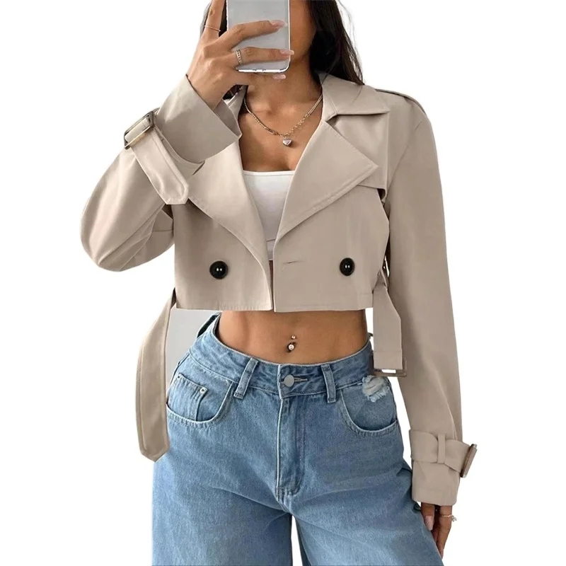 

2025 Fashion Ultrashort Trench Coat Women's High-waist Windbreaker Spring Autumn Sashes Slim Tops Streetwear Lady Short Coats