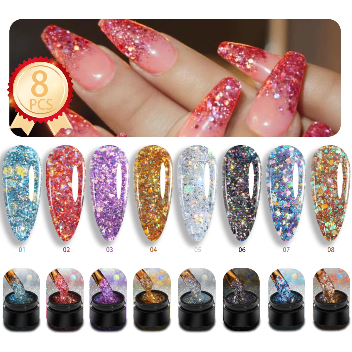 

8-piece Galaxy sequin gel nail polish set gift box -8 colors, shiny and durable - high-quality brand, safe and non-toxic