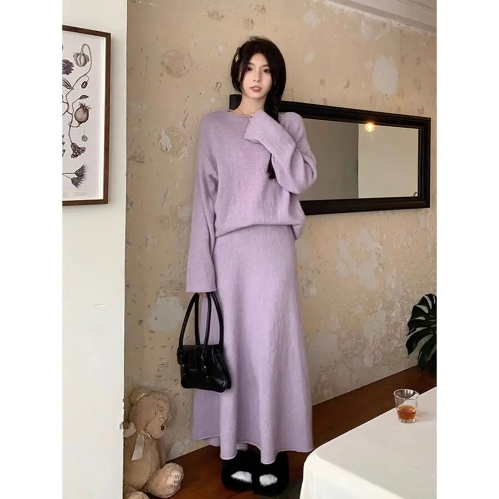 Casual Knitted Set Women\'s Spring and Autumn New Collection Korean Round Neck Knitted Shirt Top Half Skirt Two Piece Set