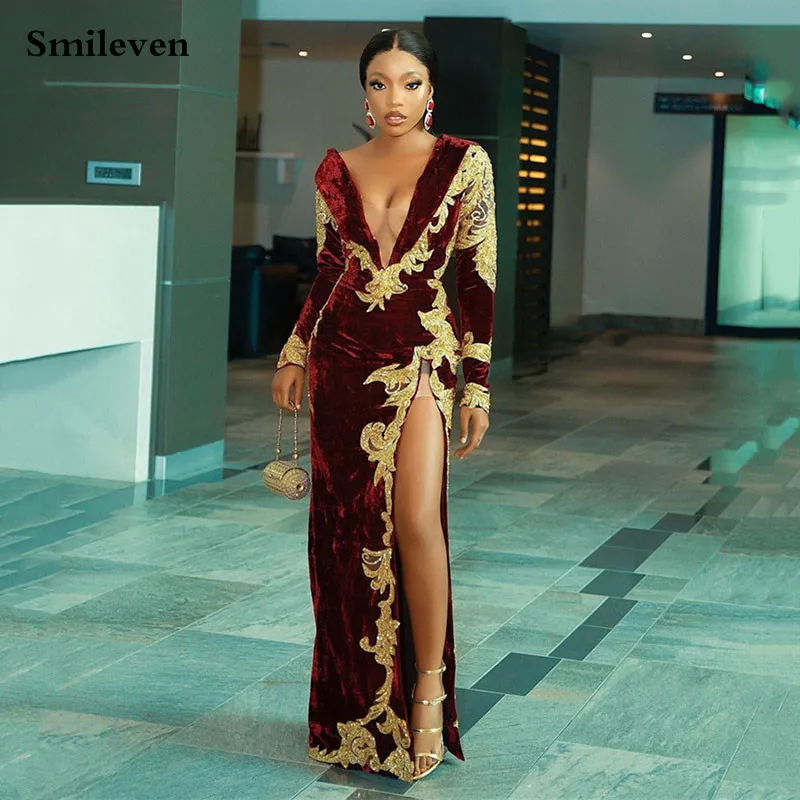 

Smileven Burgundy Long Sleeve Caftan Evening Dresses Velvet Elegant Karakou Side Split Prom Dresses Lace Evening Party Gowns