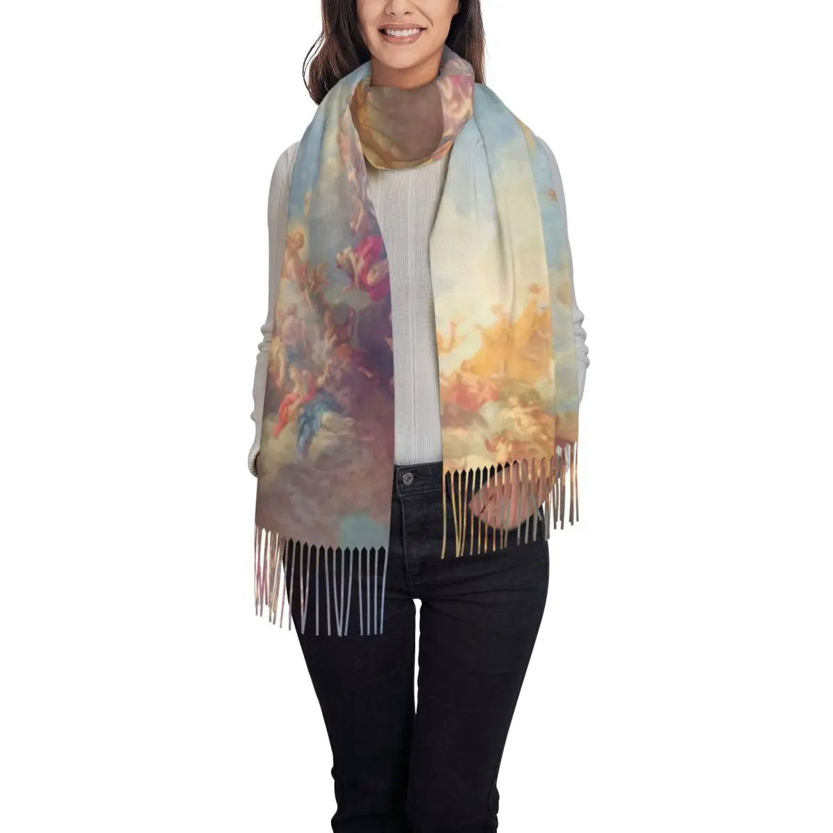 ديكور السماء الدرامية عصر النهضة الملائكة وشاح مربع شرابة الأوشحة النساء شالات دافئة لينة ويلتف طويل الخريف الشتاء شال التفاف