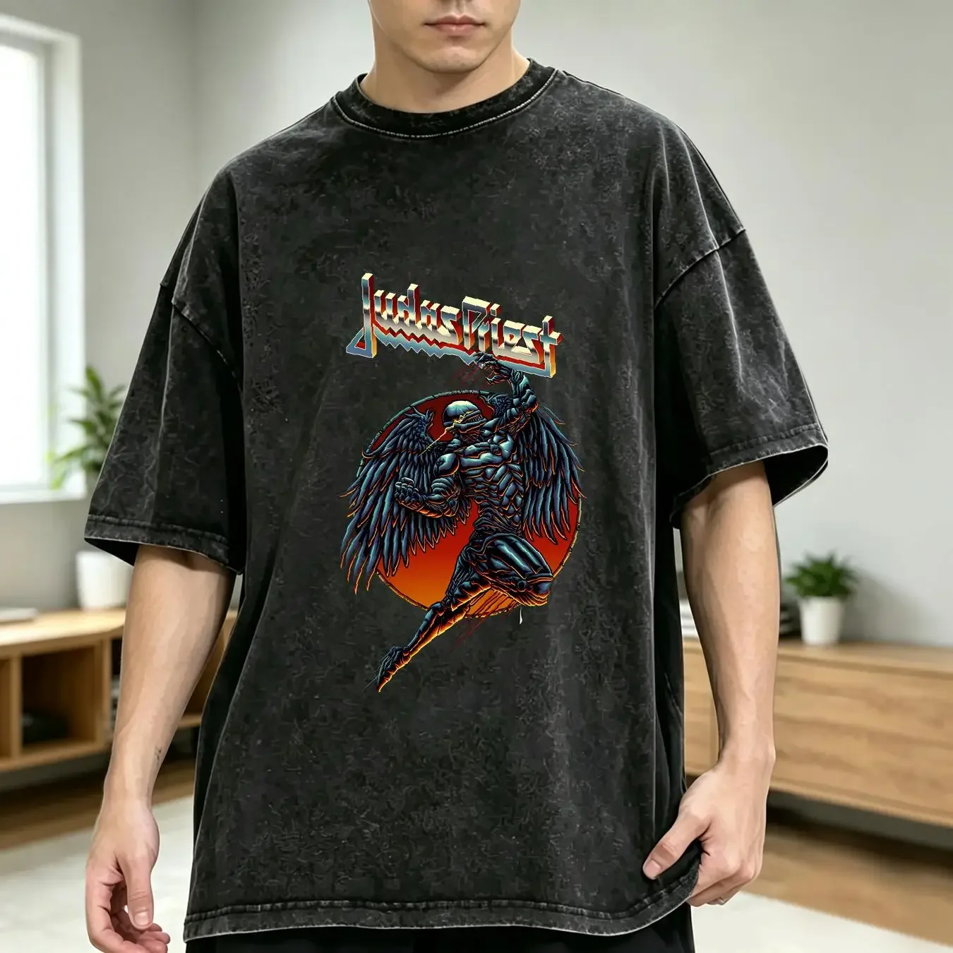 washed T Shirt Men's Judas Priest BTD Redeemer Slim Fit Small Black vintage Washed Comfortable Breathable homme Soft Versatile