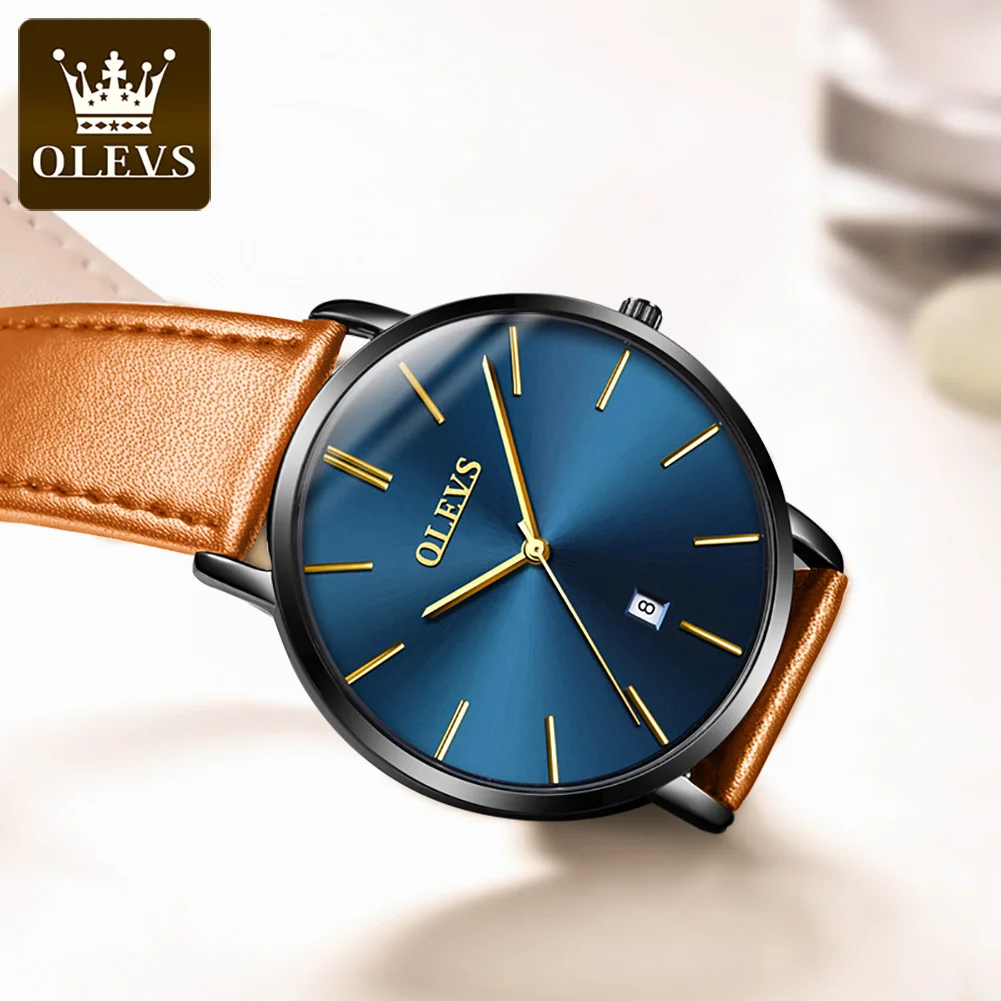 OLEVS Watch for Men Top Brand Luxury Quartz Wristwatches Sports Casual Genuine Leather Simple Design Thin Mens Watches 5869