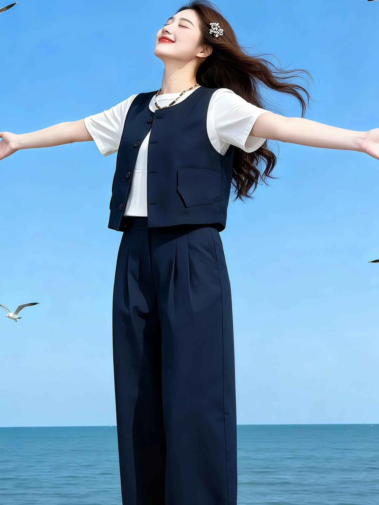 

Summer 2026 New Arrival Forest System Short Sleeve T-Shirt Wide Leg Pants Vest Three-Piece Set Women's Fashion Casual Wear