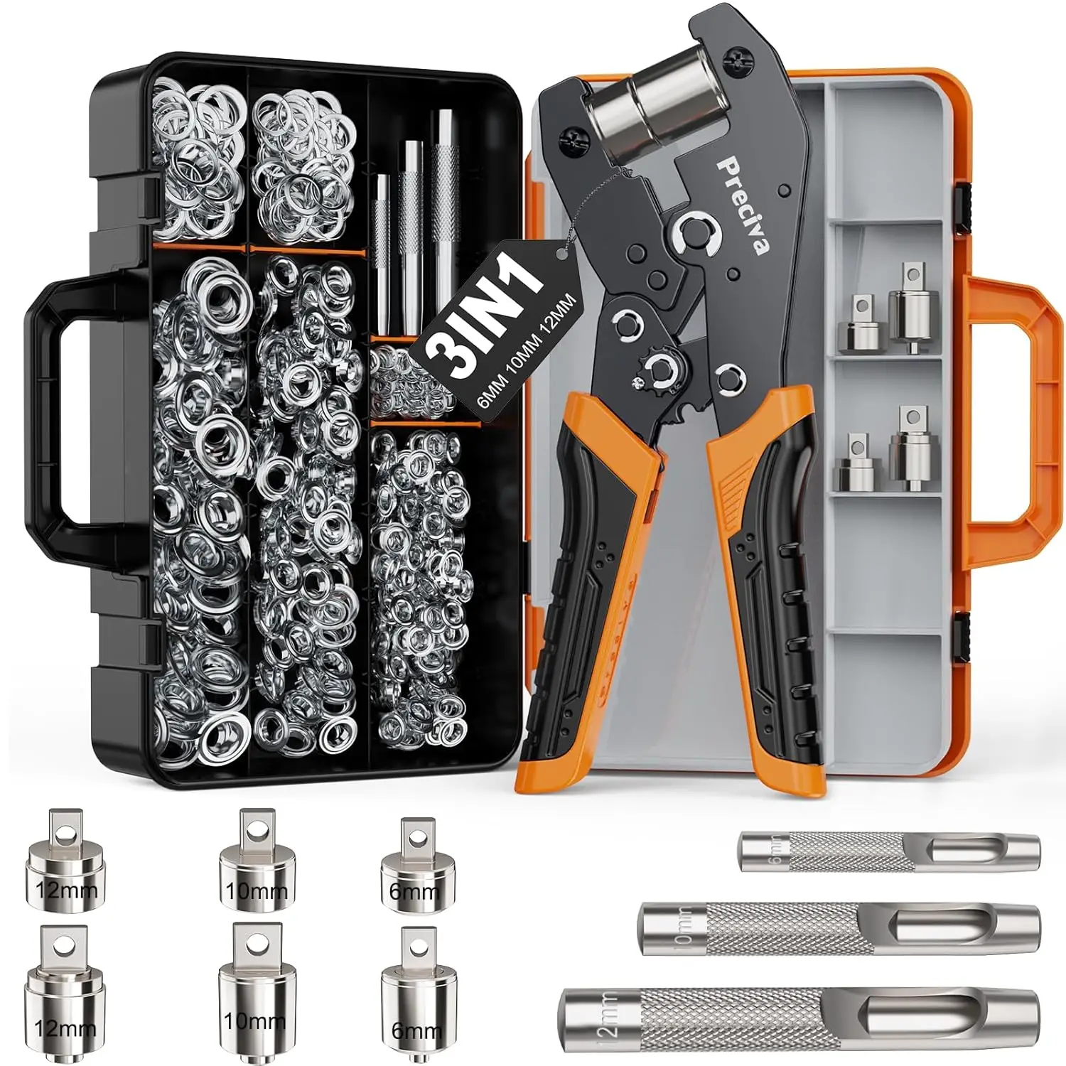 

3-Size Grommet Tool Kit with 300Pcs Eyelets - Handheld Punch & Setter for Tarps, Tents, Canvas, Vinyl & Leather Crafting