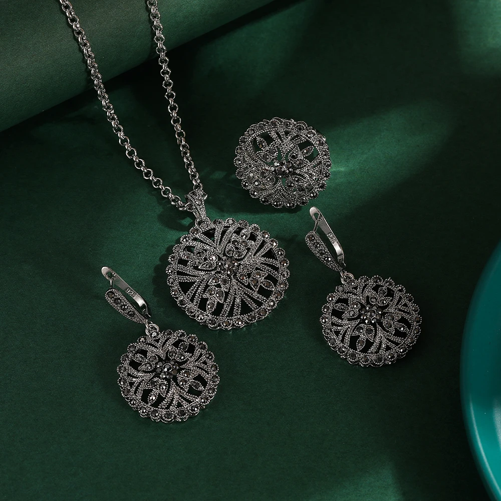 Ajojewel Vintage Hollow Flower Jewelry Set Round Earring Necklace And Ring With Full Black Rhinestone