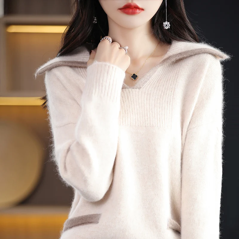 Cashmere Sweater Women\'s 100% Pure Mink Cashmere Women\'s Pullover V-neck Knitted Sweater Korean Fashion Underlay Loose Top