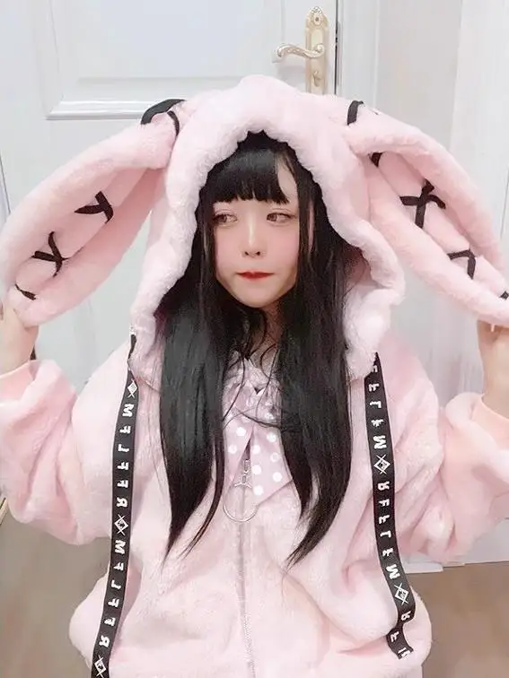 Dophee Japanese Cute Plush Coat Women New Autumn Winter Gothic Y2k Rabbit Ears Hooded Thicken Wadded Jacket Warm Fur Overcoat