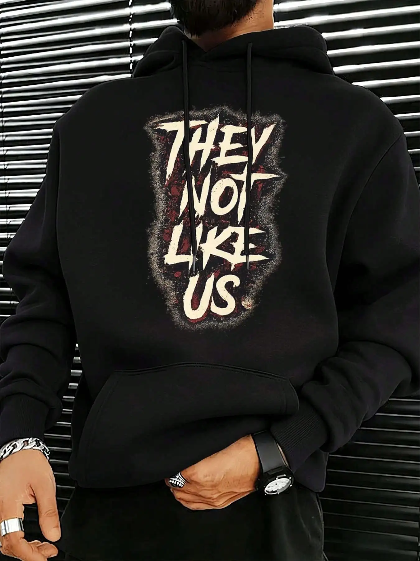 Mens Casual Pullover Hoodie, They Not Like Us Retro Distressed Grunge Letter Graphic Print Hooded Sweatshirt, Loose Fit Long Sleeve Hoody With Pocket For Hip‑hop Street Daily Wear