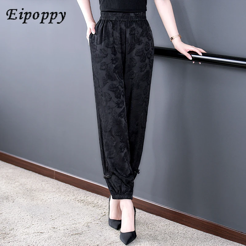 بنطلون حريم أسود رفيع مربوط بكاحل ، حرير حقيقي جامبيرد ، بنطلون فانوس أنيق ، لفافة حرير جوانج ، الصيف