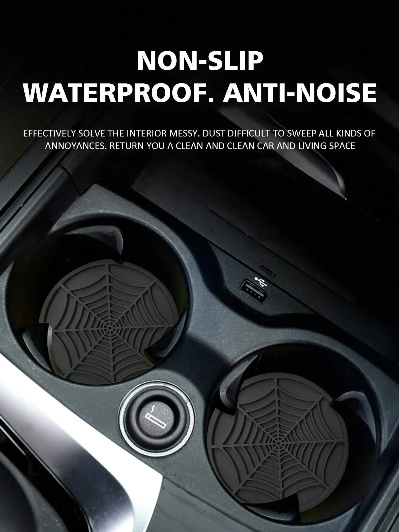 

2pcs Non-Slip Waterproof Car Cup Holder Mats with Geometric Web Pattern