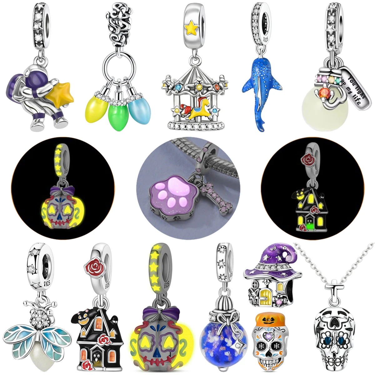 

925 Silver Glow Dark Sugar Skull Star Bottle Charms Luminous Astronaut Witch Hat Beads Fit DIY Bracelet Necklace Jewelry Gift