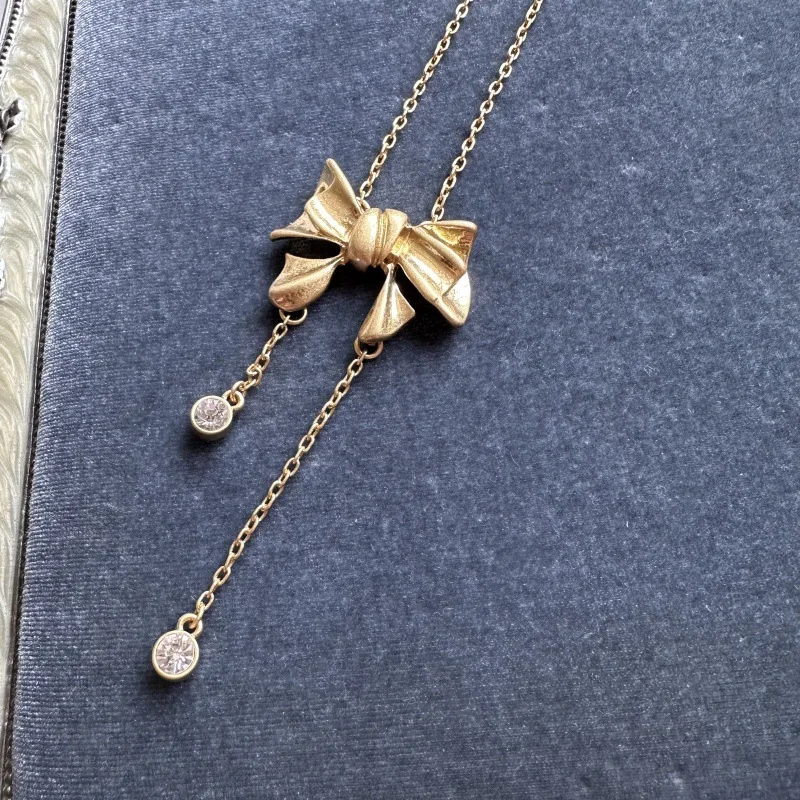 OS Minimalist Elegant Bow Pendant Necklace for Women, Dainty Tassel CZ Choker Chain, Versatile Layering Jewelry for Daily Wear