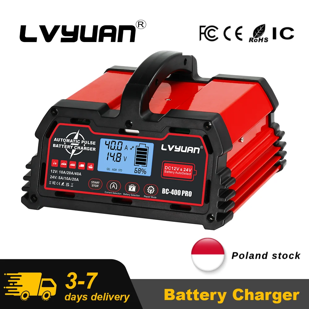 LVYUAN 20A/25A/30A/40A Batterieladegerät für 12V/24V Blei-Säure-Batterien/LiFePO4/AGM/STD/Gel/EFB mit Puls-Reparaturfunktion