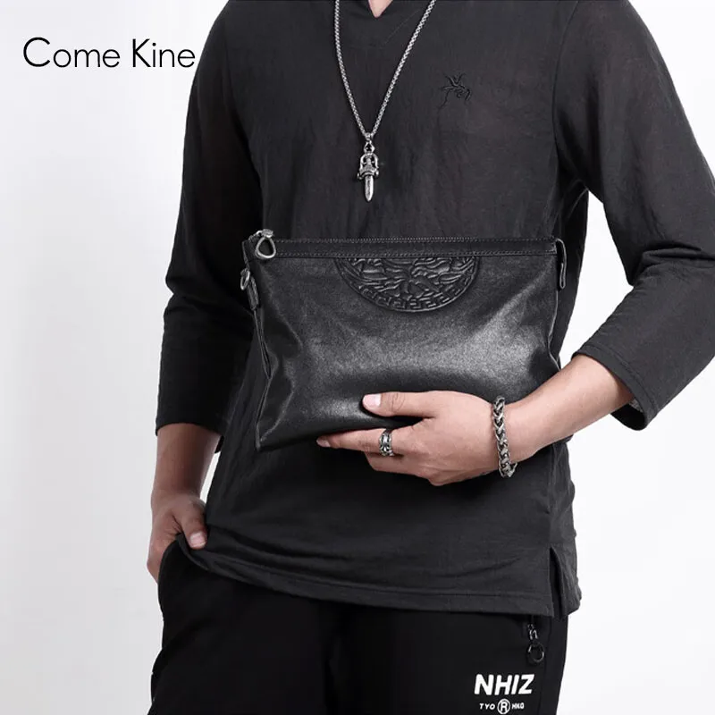 ComeKine Handbag Men\'s Cowhide 2023 New Fashion Envelope Handgrip Bag Soft Leather Large Capacity Handbag Business Black Handbag