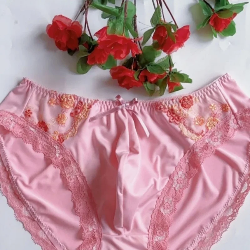 

Розовое сексуальное мужское нижнее белье, удобные мягкие шелковые кружевные трусы со средней талией и цветочным бантом, трусики для частной вечеринки, нижнее белье BF