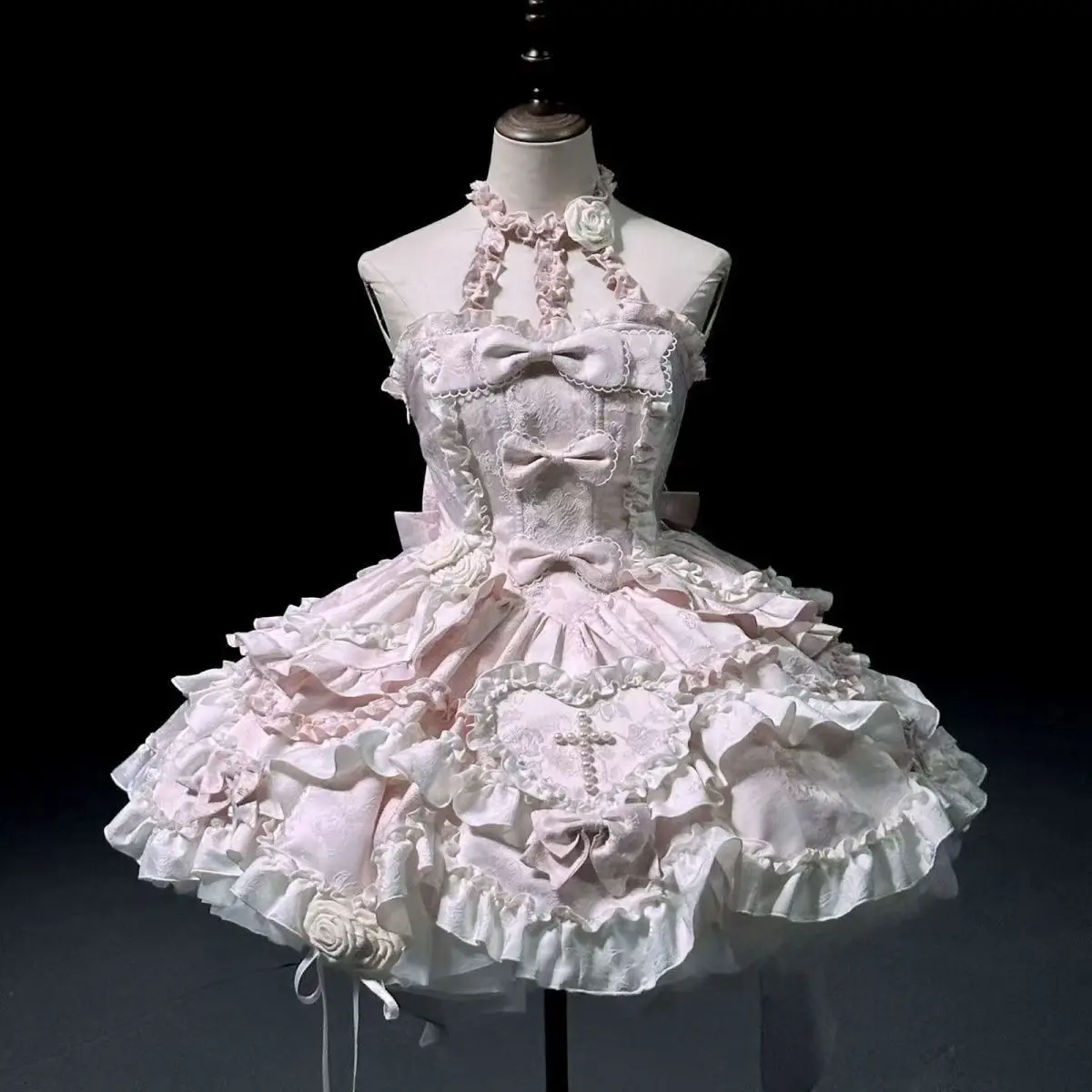 2026 New Sweet Lolita Dress Women Ruffled Lace Halter Neck Cute Dress Bow Princess Party Dress Kawaii Gothic Cosplay Costume
