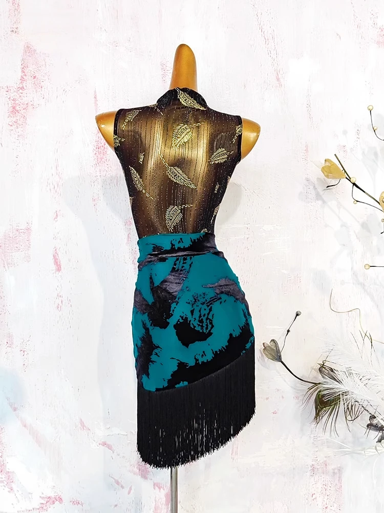 

Сетчатое боди для латинских танцев, юбка с бахромой и краями, национальный стандарт, тренировочный наряд 21-2