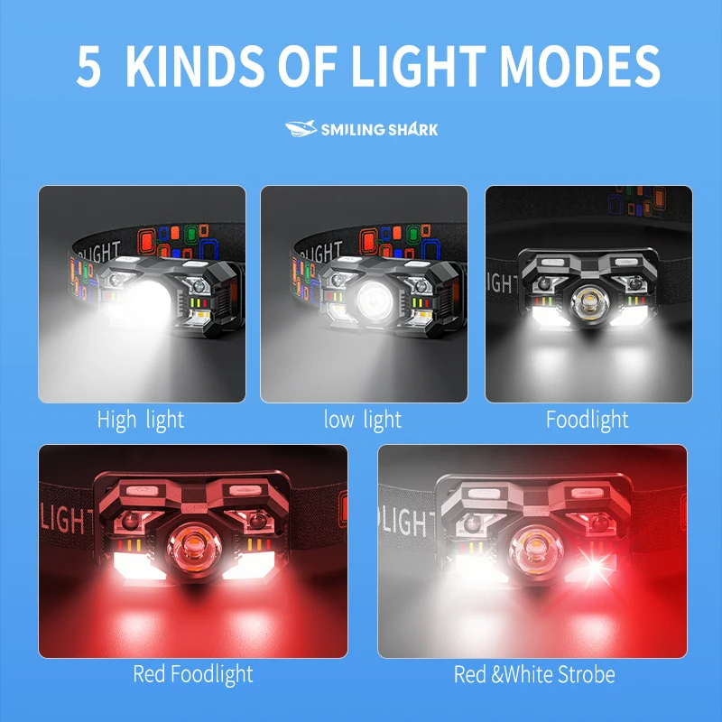 1PC SmileShark Sensor Scheinwerfer Wiederaufladbare LED Scheinwerfer Super Helle 5 Modi Headset Licht Geeignet für Outdoor Angeln TD-0168