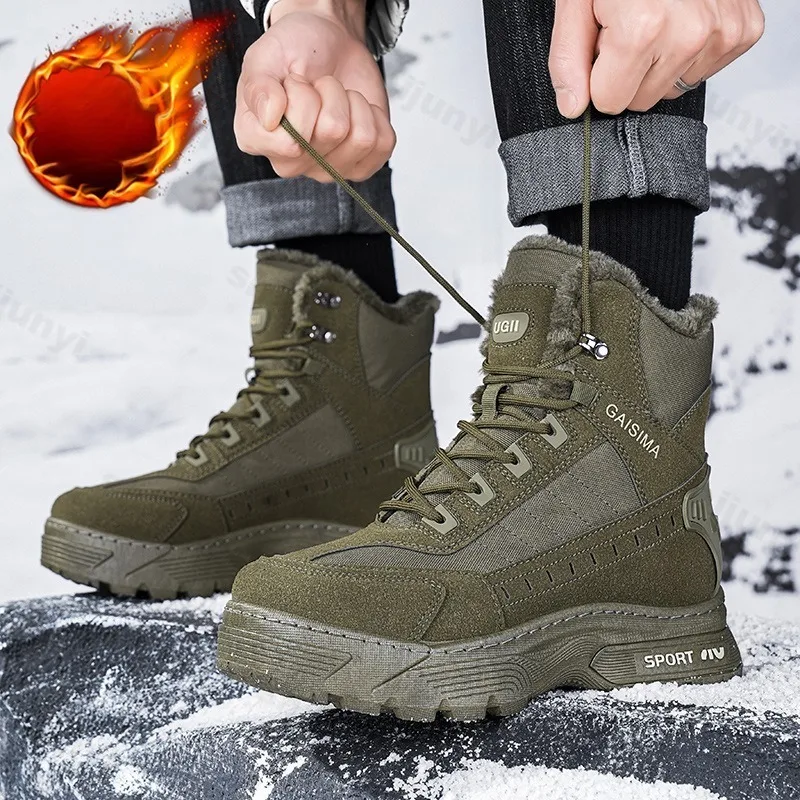 

2025 Winter Men's Solid Velvet Thickern Warm High Top Snow Boots Retro Versatile Plush Comfortable Non Slip Chunky Cotton Boots
