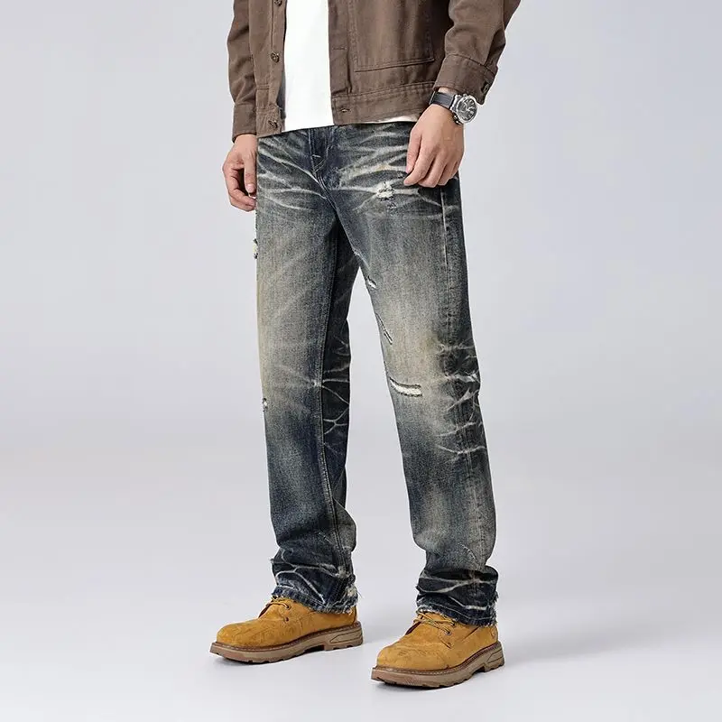 

Retro jeans men, high-end street style, washed and worn,, small straight tube, trendy, cool and nostalgic pants