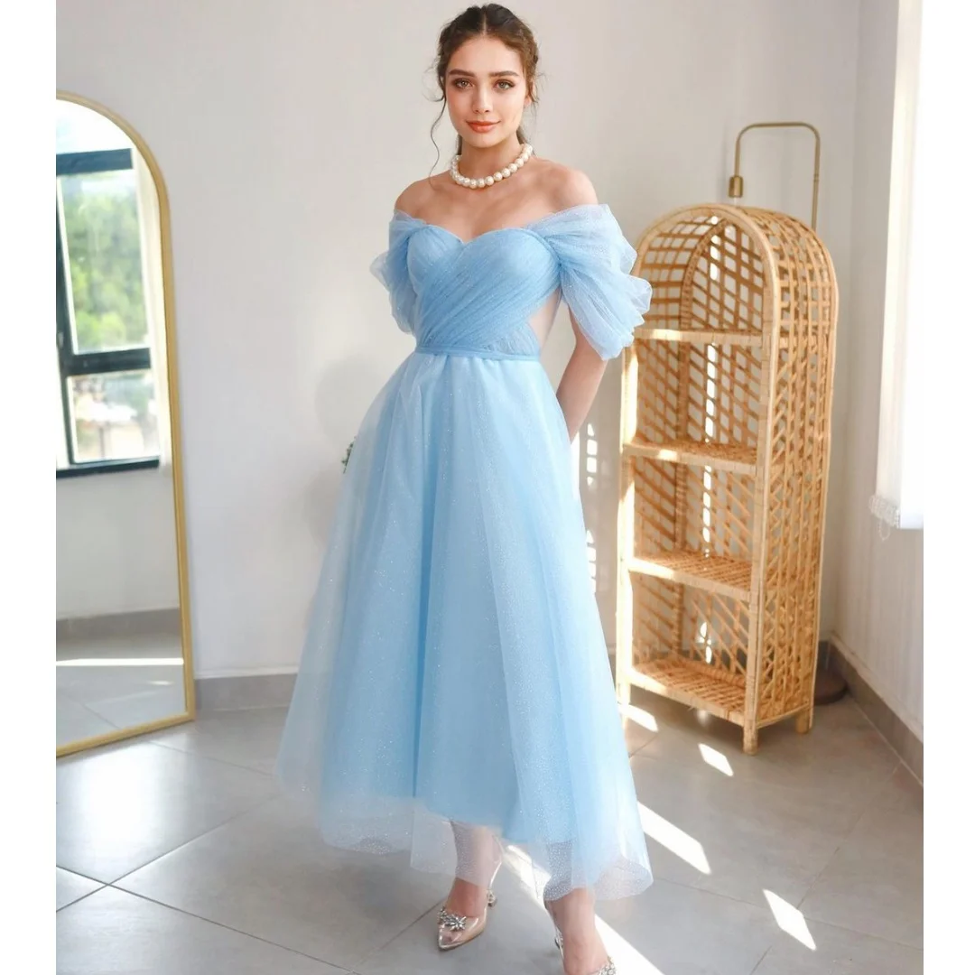 

Sparkly Elegant Tulle Evening Dresses Sweetheart A-line Tea-Length Adjustable Prom Dress Engagement Wedding Guest Party Wear
