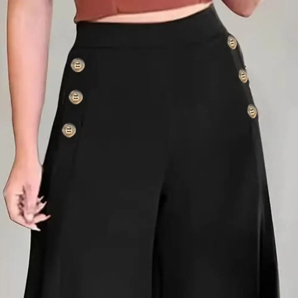 Summer Women Pants Wide Leg Elastic High Waist Buttons Decor Solid Color Trousers Loose Casual Pants Work Travel