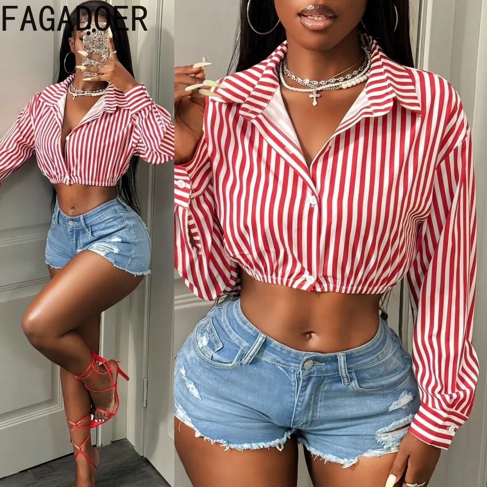 

FAGADOER Fashion Stripe Patchwork Loose Shirt Women Solid Color Long Sleeves Buttons Top Female Streetwear Clothing 2025 New