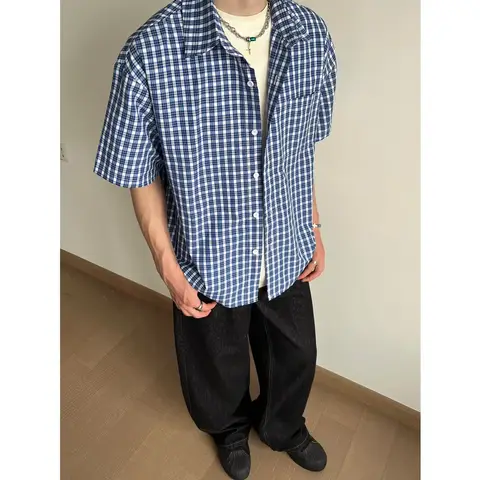 Retro herrskjorta med lös passform, Hong Kong-stil, studentkläder, avslappnad stil, rolig design, tyg av högsta kvalitet, rutigt mönster 8 best sales herrskjorta med genomskinlig passform - №1