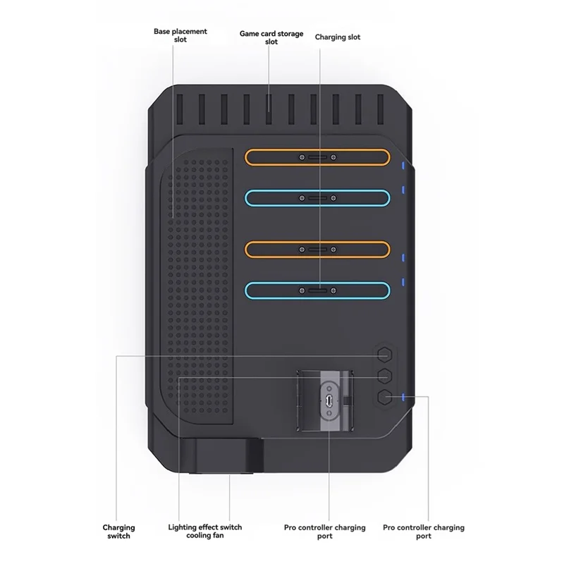 

A73E-For Switch 2 Cooling & Charging Stand With Fan 10 Game Card Slots Light Effects Multi-Functional Gaming Accessory
