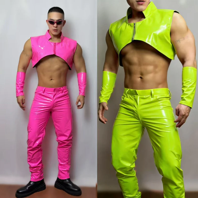 Sexy Pole Dance Costume Muscle Man Fluorescent Green Pink Leather Rave Outfit Nightclub DJ DS Gogo Clothes Stage Wear XS10925