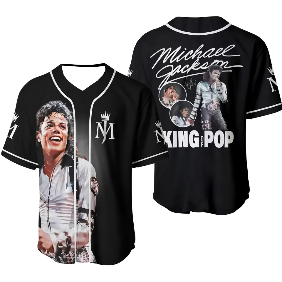 Nova Camisa de Beisebol Michael Jackson Moonwalker Preta e Dourada, Rei do Pop, Gola V, Manga Curta, Streetwear Esportiva para Homens e Mulheres Fãs