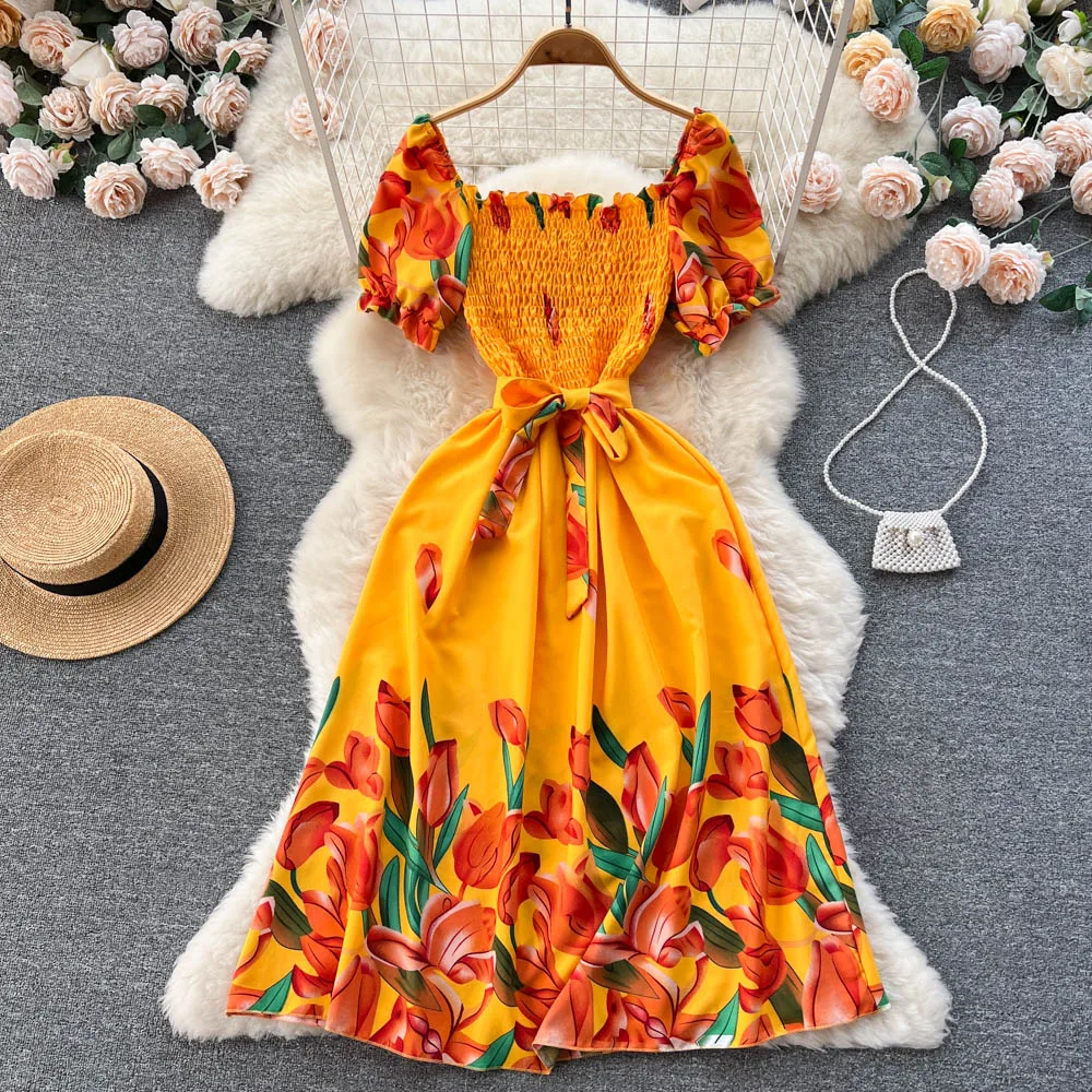 YuooMuoo Fashion Summer Flower Print Long Dress Women Vintage Square Neck Ruched Chest Sash Bandage Sundress Party Vestidos